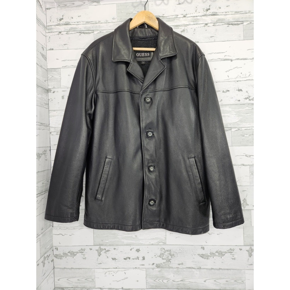 Guess Mens Black Genuine Leather Jacket Removable Wool Liner Car Coat Size L